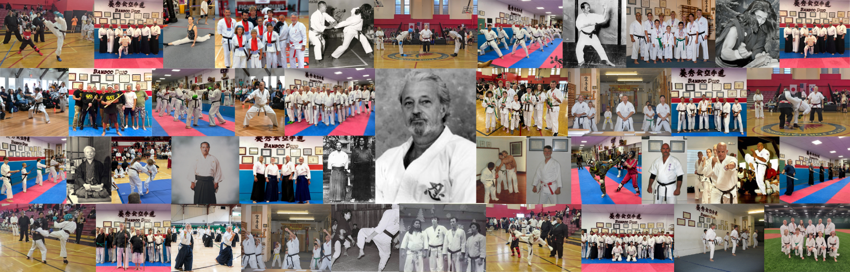 A collage of pictures from The Bamboo Dojo's history including tournaments, classes and founders.